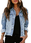Women Denim Jacket Long Sleeve Button Distressed Ripped  Jean Coat