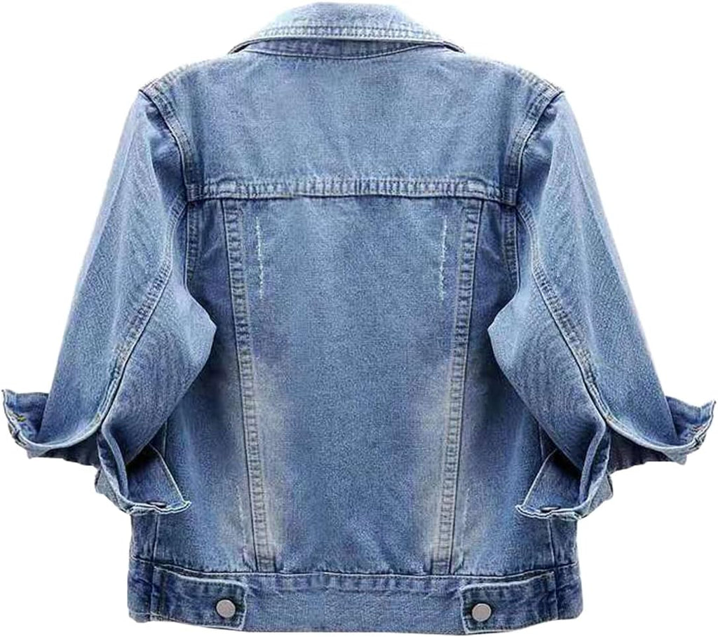 Women 3/4 Sleeve Short Denim Jacket Lapel Button Down Cropped Trucker Jean Jackets Coats