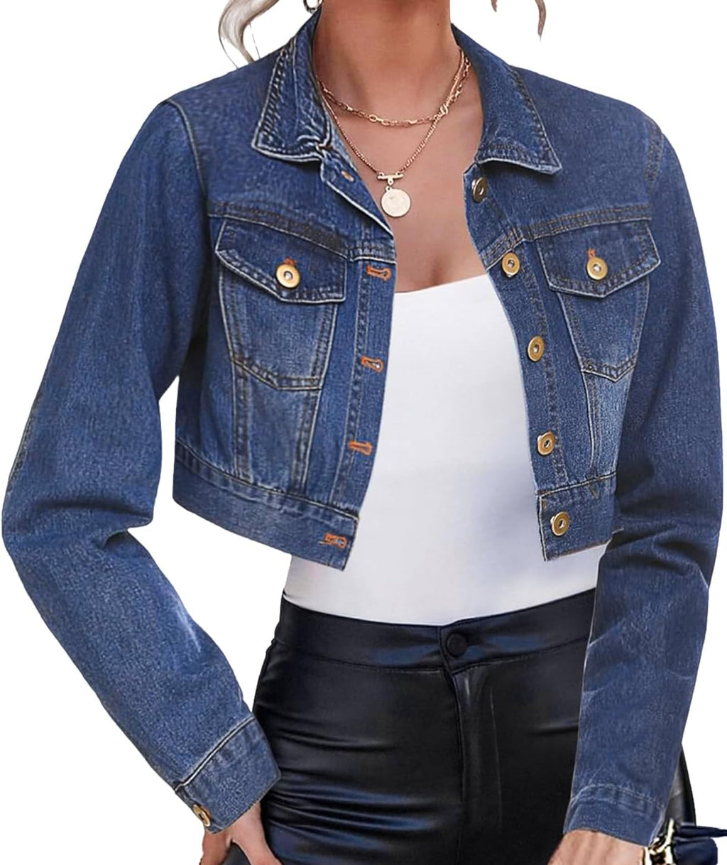Women Cropped Denim Jean Jacket Button Down Frayed Washed Long Sleeve Casual Jacket Coats