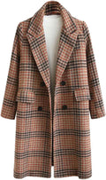 Women Winter Oversize Lapel Collar Woolen Plaid Double Breasted Long Peacoat Jacket