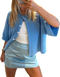 Women  Button Down Cardigans Shirts Summer Short Sleeve Knitted Blouse Top Going Out Cropped Knit Tops
