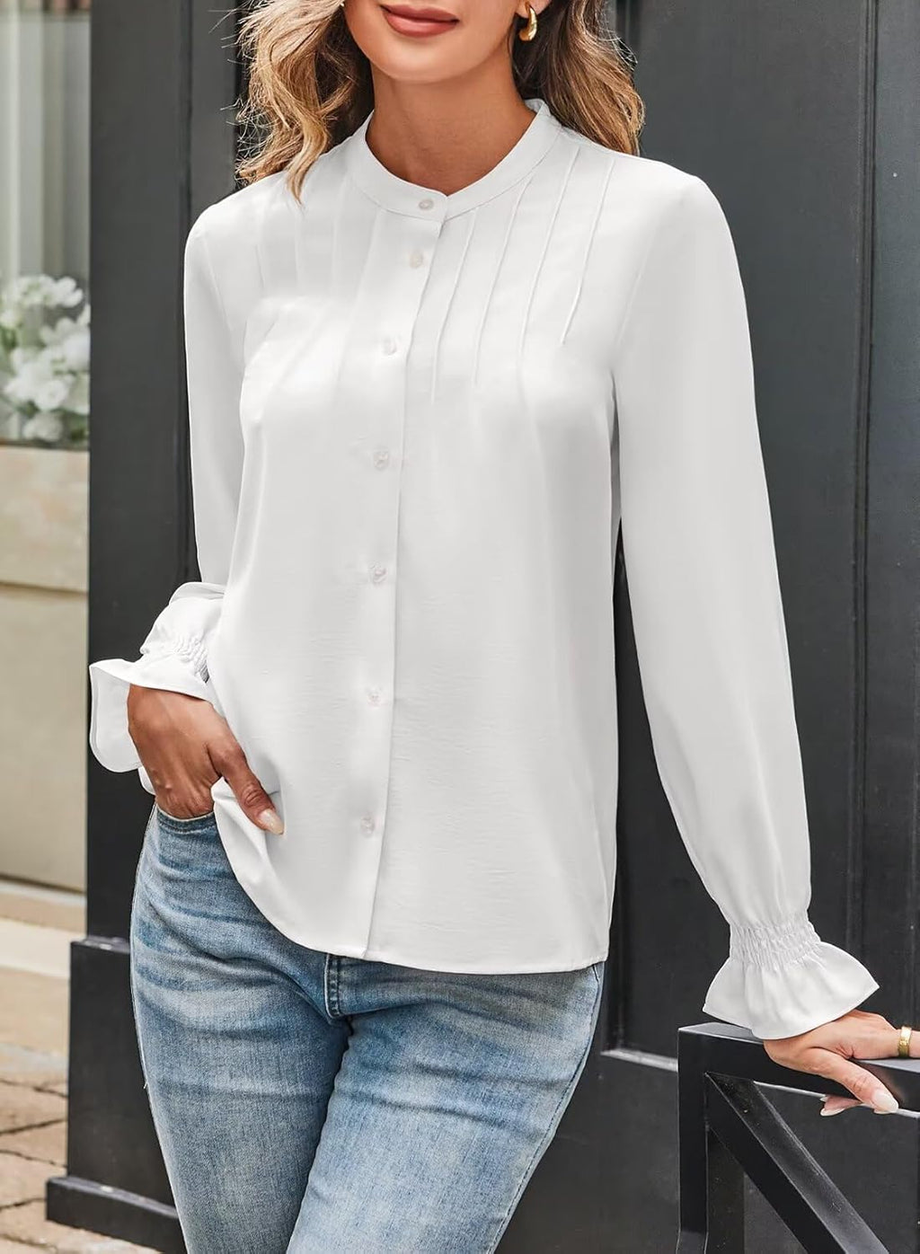 Astylish Women Casual Blouses Button-Down Business Work Tops Long Sve Mandarin Neck Pleated Shirts 2025 Fall Outfits