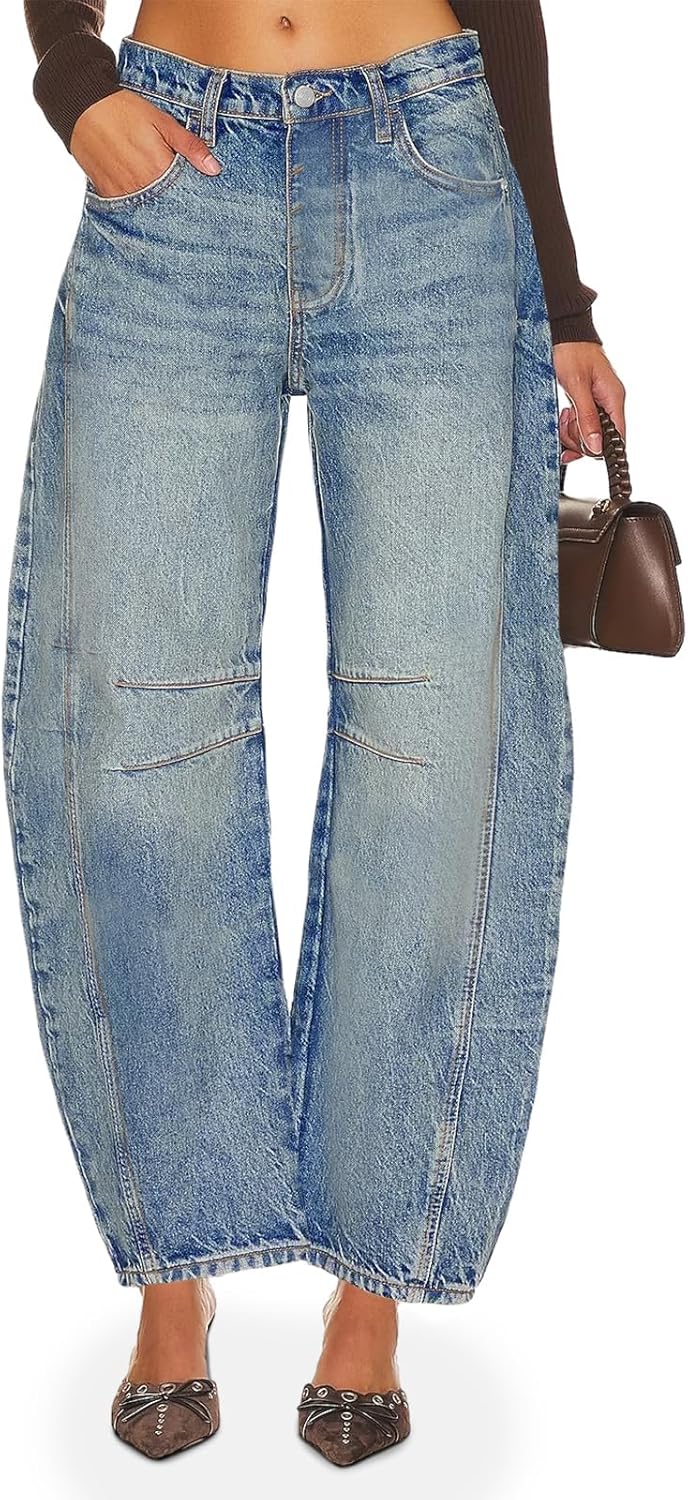 Women Baggy Boyfriend Jeans Vintage Wide Leg Mid Rise Barrel Denim Ankle Pants