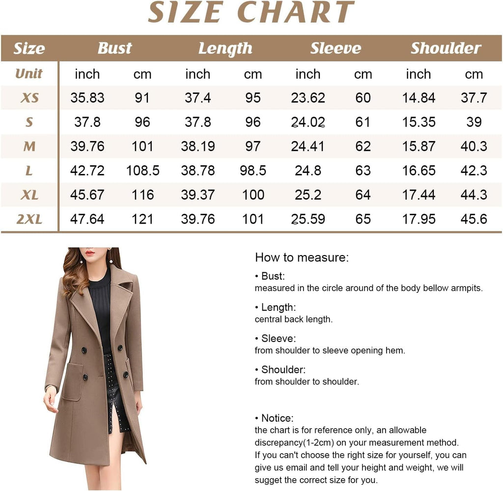 Women Elegant Notched Collar Double Breasted Wool Blend Over Coat