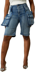 Cargo Jean Shorts Women Stretchy Denim Knee Length Short Jeans