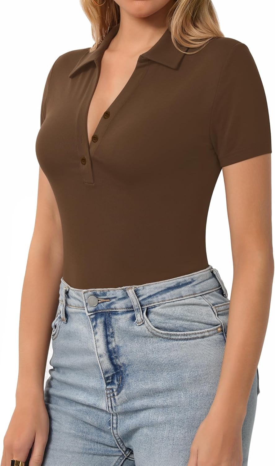 Women Long Sleeve Short Sleeve Collared Polo Tops V Neck Button Down Fitted Shirts