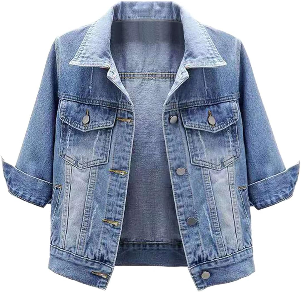 Women 3/4 Sleeve Short Denim Jacket Lapel Button Down Cropped Trucker Jean Jackets Coats