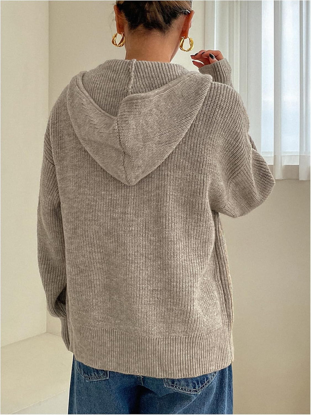 Women Zip Up Hooded Cardigan Sweater Knitted Drop Shoulder Fall Hoodies Outerwear