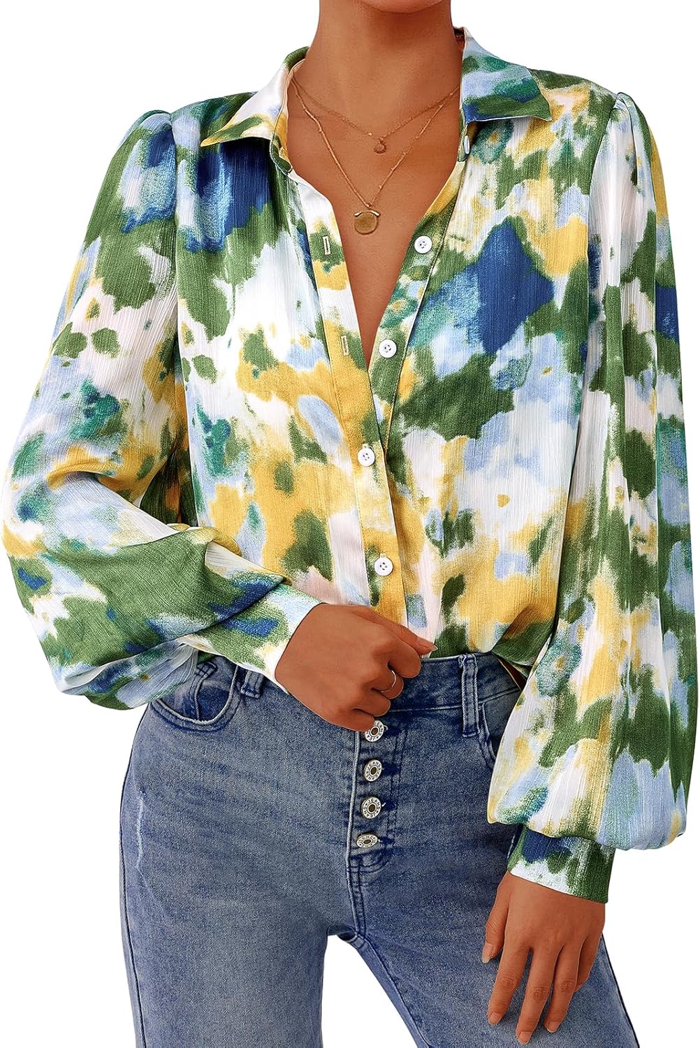 Women Floral Blouses Dressy Casual V Neck Button Down Shirts Lantern Long Sve Boho Chiffon Fall Tops 2025