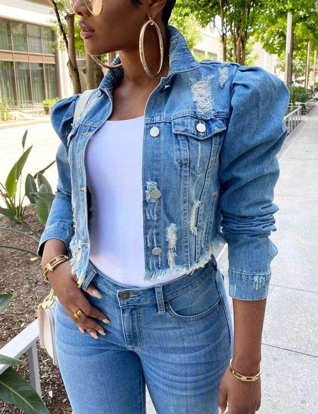 Women Ripped Puff Sleeve Denim Crop Top Long-Sleeve Cropped Jean Jacket