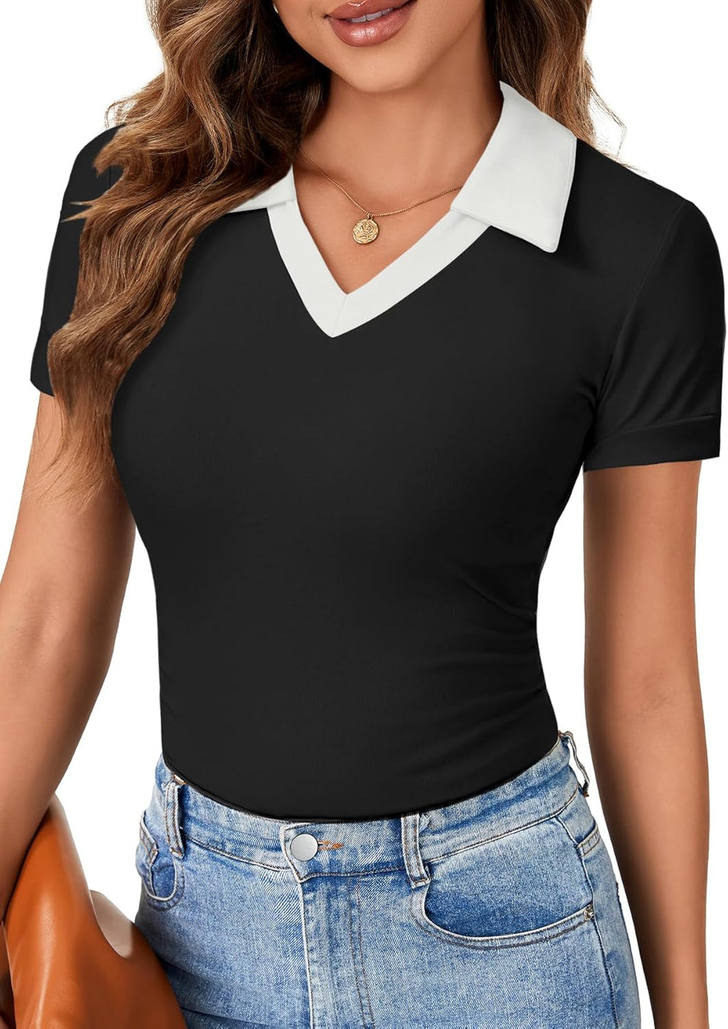 Women Short Sleeve V Neck T Shirts Ribbed Knit Slim Fit Tee Top Stripes Collar Polo Shirt