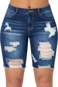 Women High Waisted Ripped Bermuda Denim Shorts Stretchy Knee Length Jean Shorts