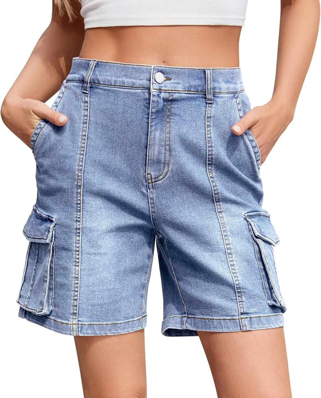 Bermuda Cargo Shorts for Women Knee Length 6 Pockets Elastic Waist Long Shorts for Summer Casual