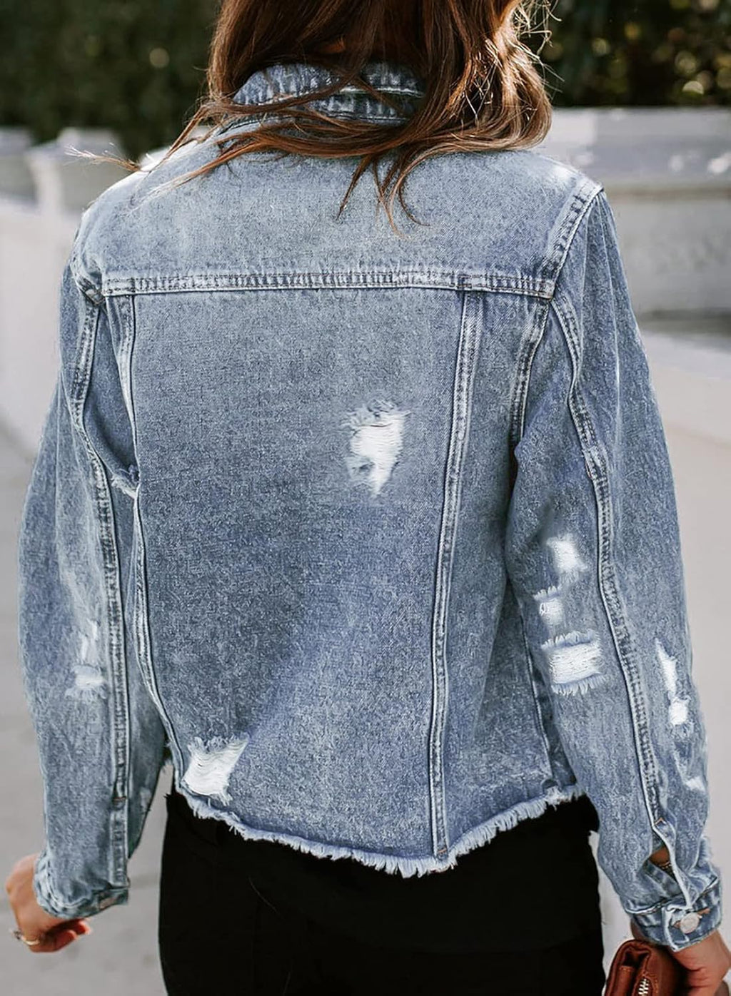 Women Denim Jacket Long Sleeve Button Distressed Ripped  Jean Coat