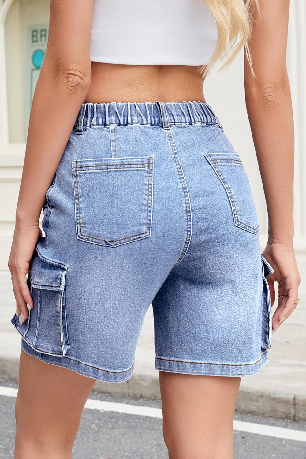 Bermuda Cargo Shorts for Women Knee Length 6 Pockets Elastic Waist Long Shorts for Summer Casual