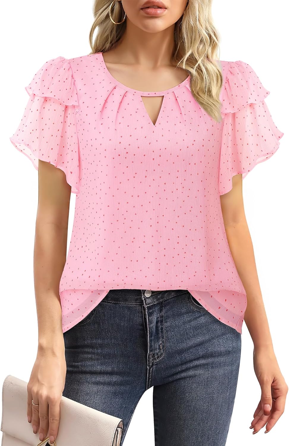 Women Blouses Dressy Casual Summer Tops Chiffon Puff Ruffle Short Sve V Neck Work Shirts