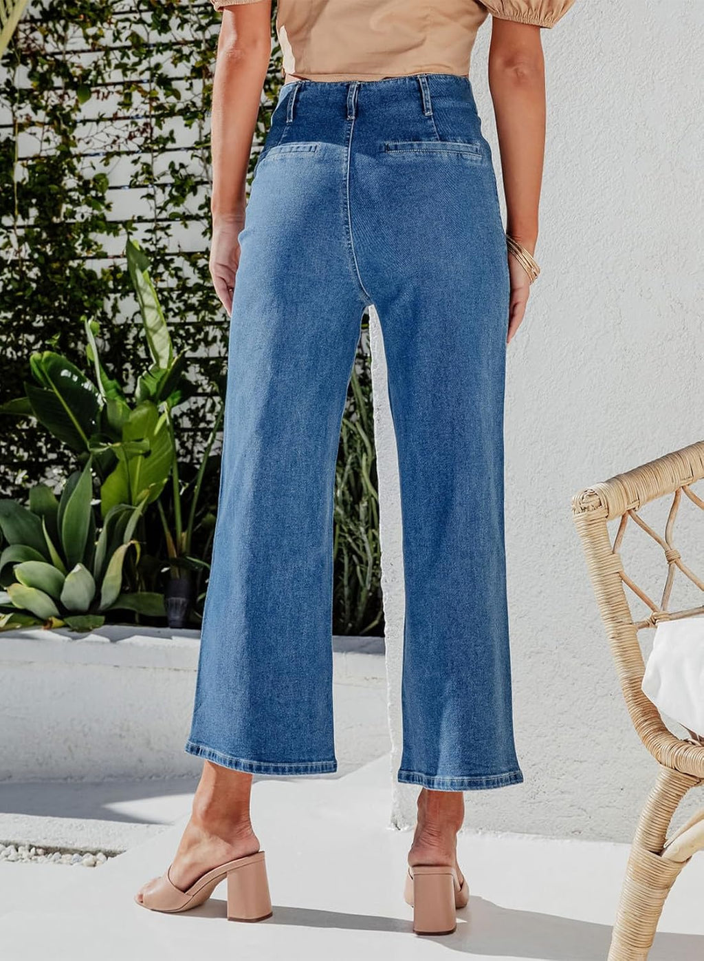 Women Wide Leg Jeans High Waisted  Stretchy Straight Leg Jeans Buttoned Loose Denim Pants with Pocket